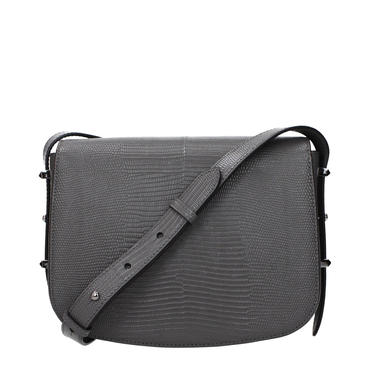 Jimmy Choo gray leather crossbody bag with sleek design and adjustable strap, perfect for stylish everyday wear.