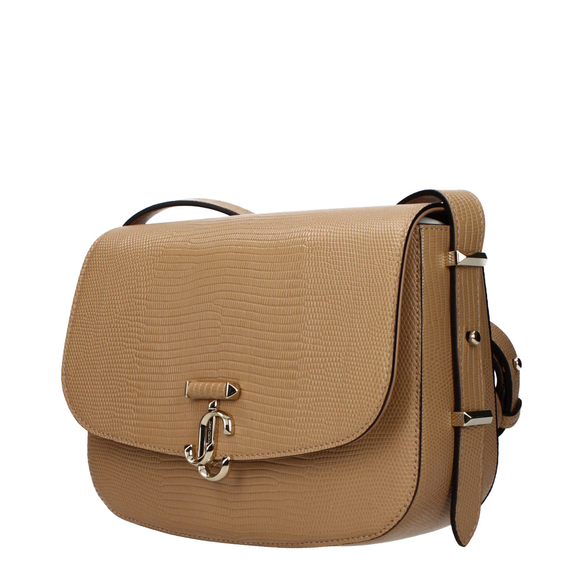 Jimmy Choo brown leather crossbody bag with sleek design and adjustable strap, featuring a smooth finish and subtle logo accents.
