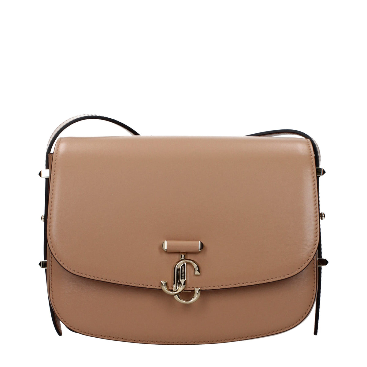 Jimmy Choo brown leather crossbody bag with sleek design and adjustable strap, featuring subtle branding and elegant craftsmanship.