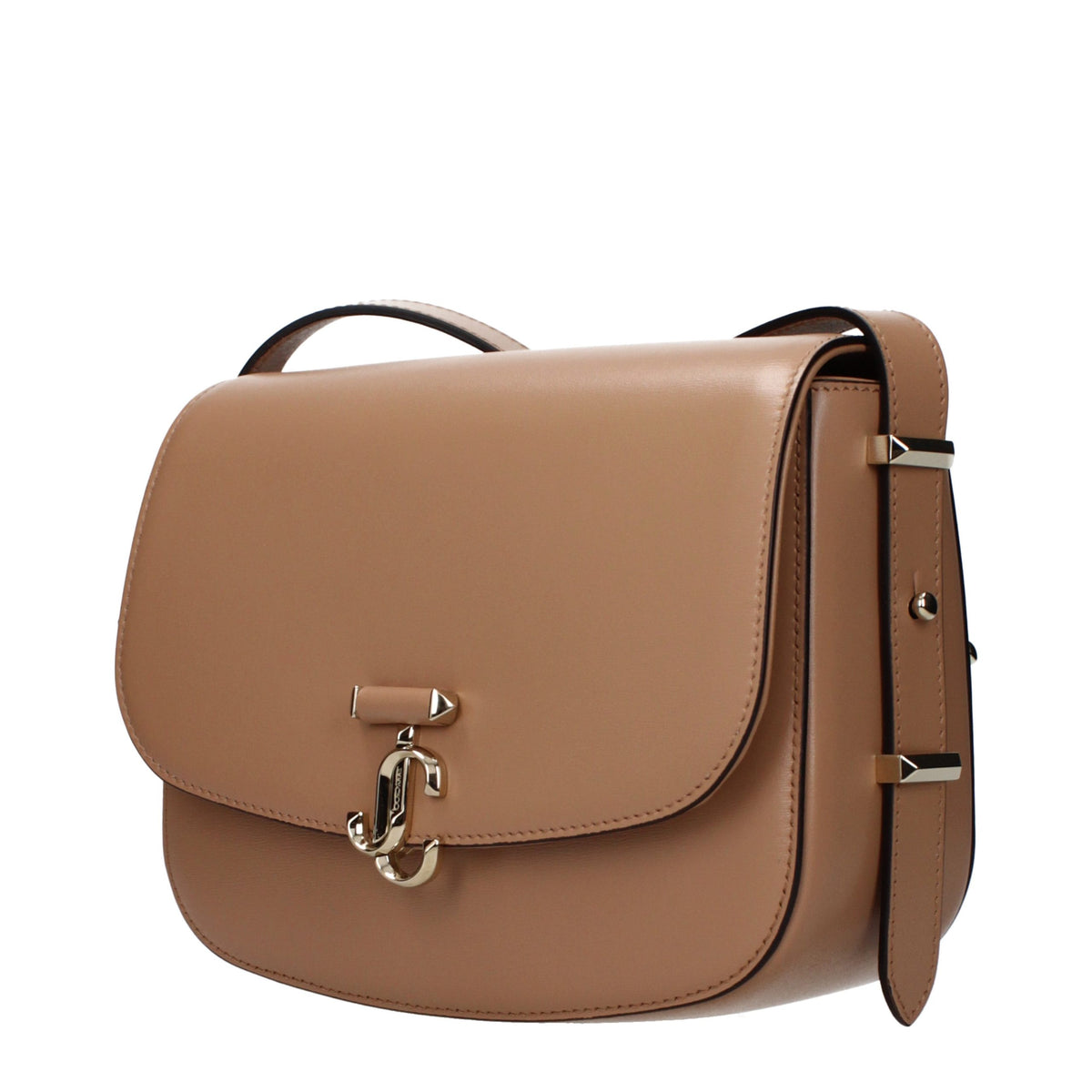 Jimmy Choo brown leather crossbody bag with sleek design and adjustable strap, featuring subtle branding and elegant craftsmanship.