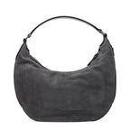 Jimmy Choo gray leather shoulder bag with sleek design and subtle stitching, featuring a top handle and adjustable shoulder strap.