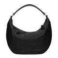 Jimmy Choo black leather shoulder bag with sleek design and silver hardware, featuring a spacious interior and adjustable strap.
