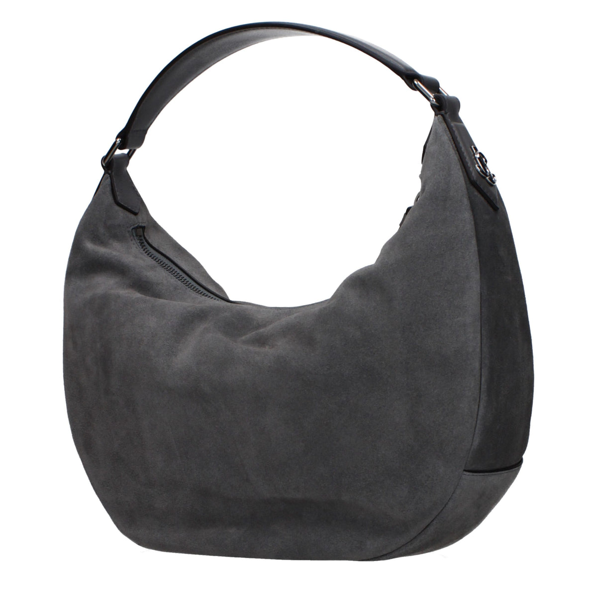Jimmy Choo gray leather shoulder bag with sleek design and subtle stitching, featuring a stylish strap and elegant hardware.
