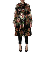 Dolce & Gabbana Black Floral Belted Polyester Trench Coat Jacket