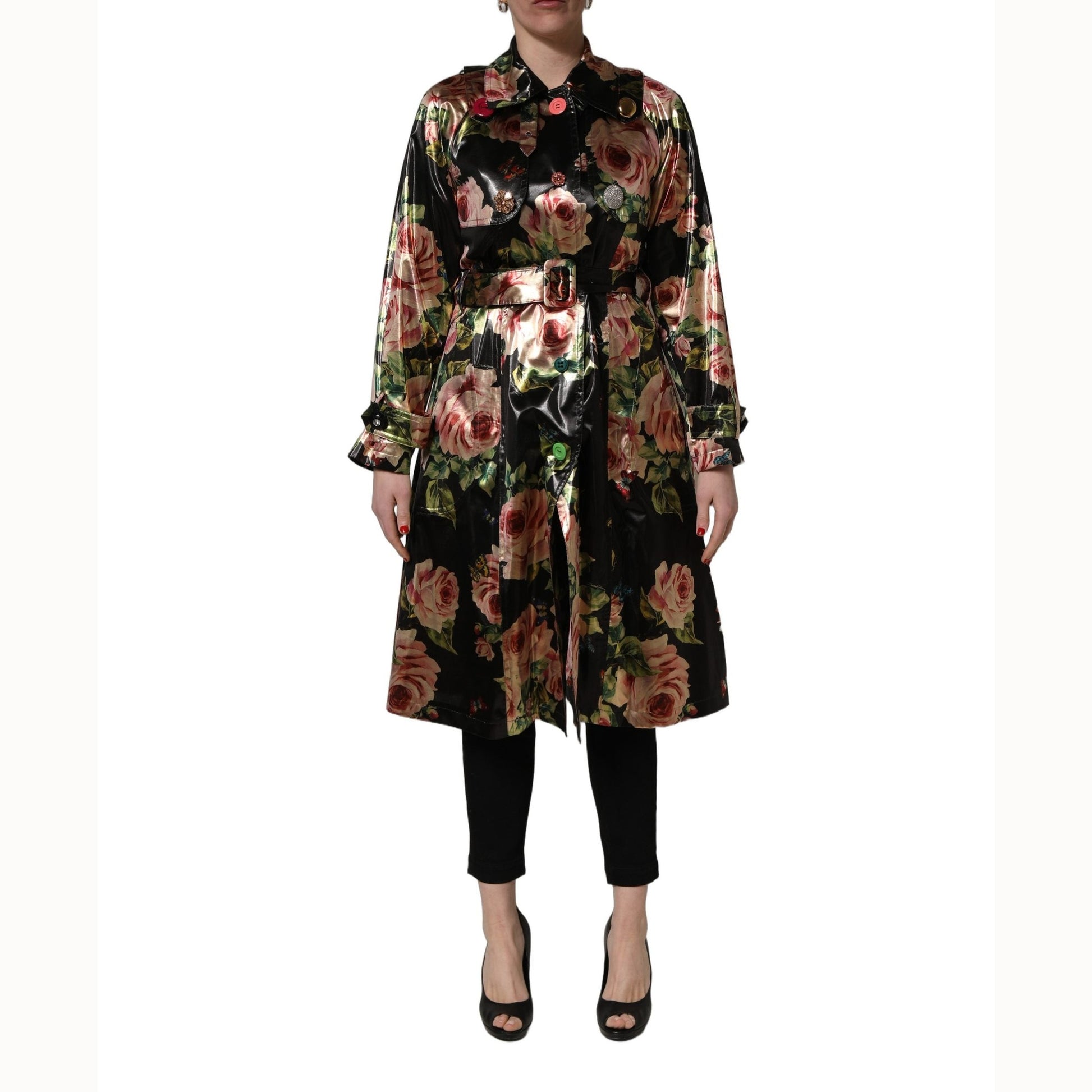 Dolce & Gabbana Black Floral Belted Polyester Trench Coat Jacket