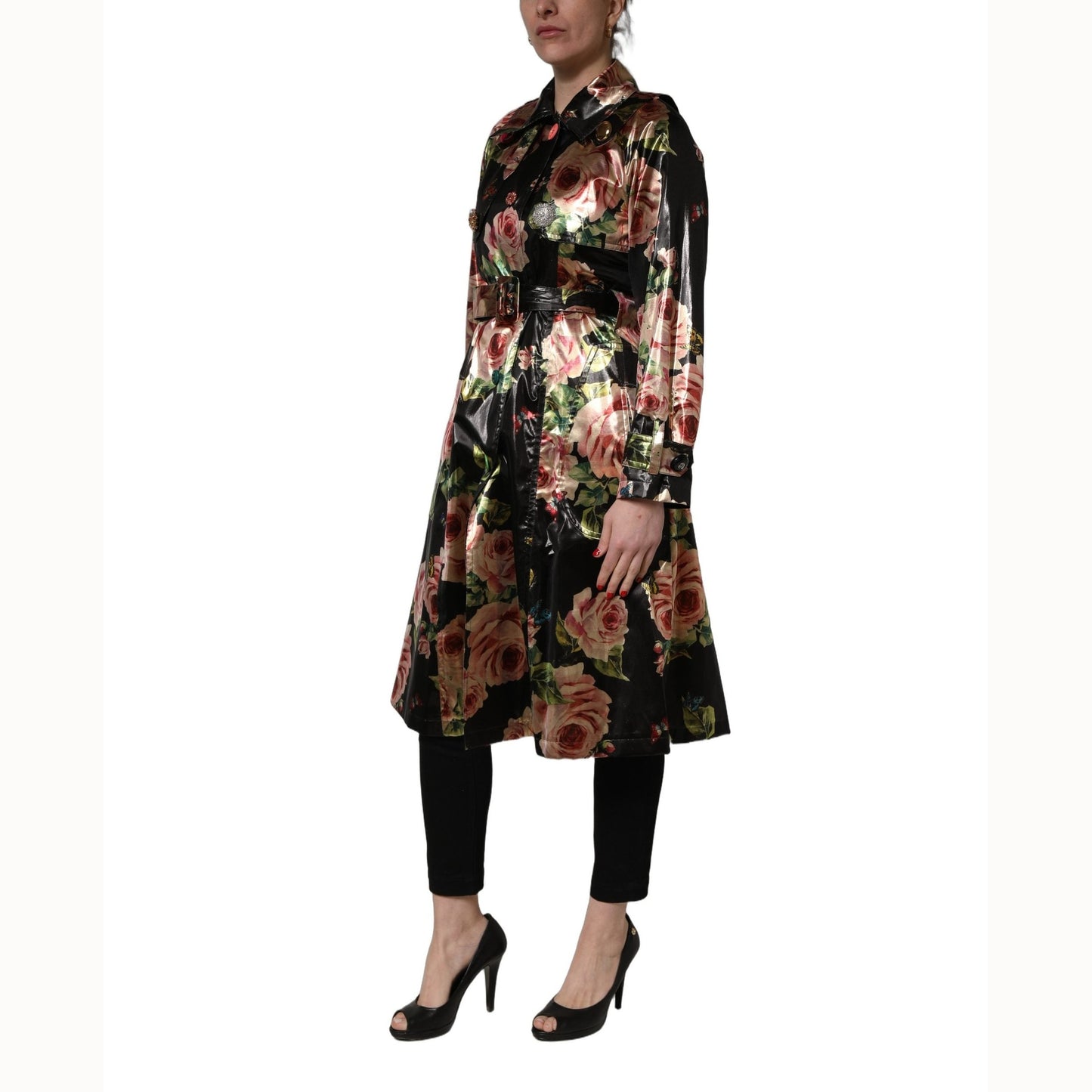 Dolce & Gabbana Black Floral Belted Polyester Trench Coat Jacket