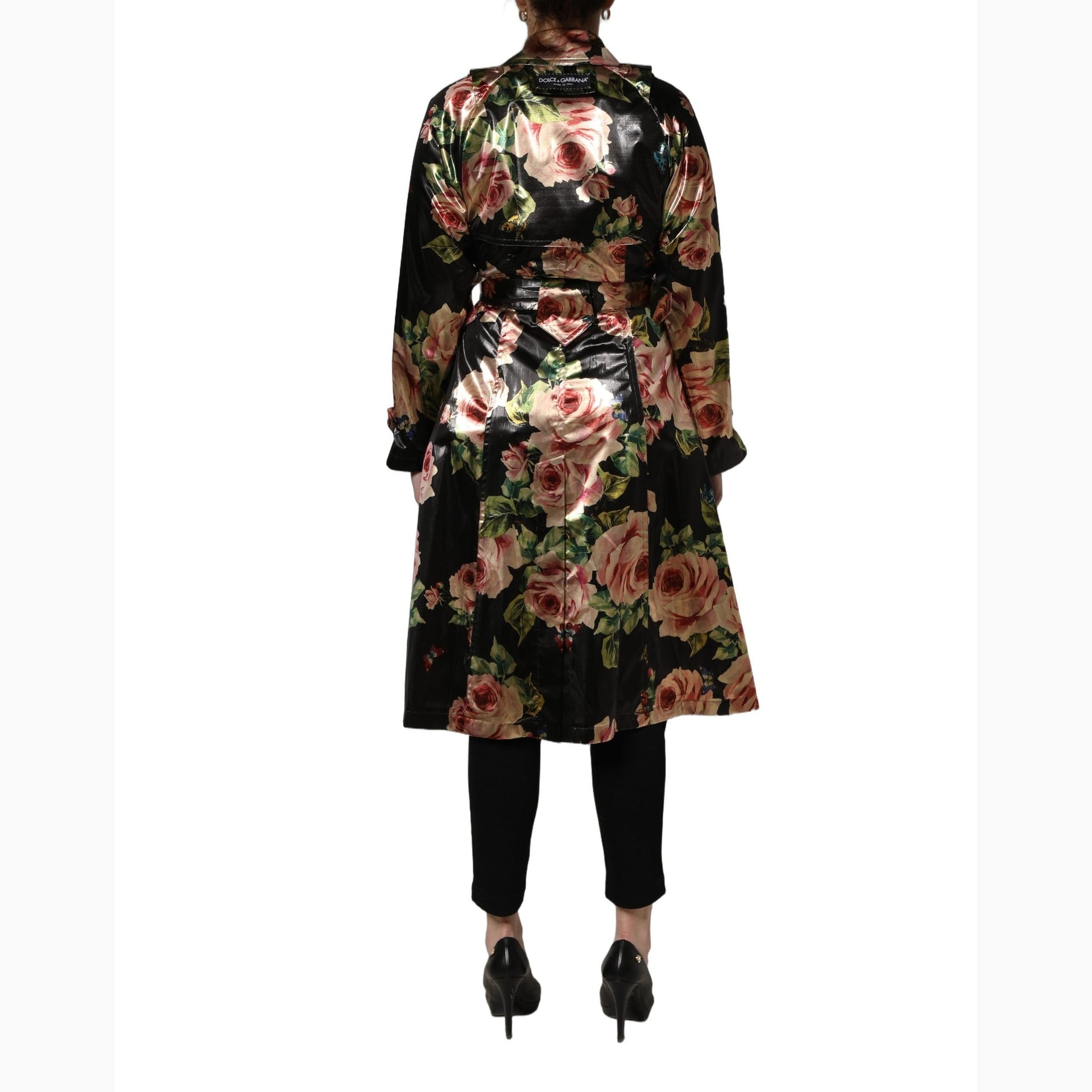Dolce & Gabbana Black Floral Belted Polyester Trench Coat Jacket