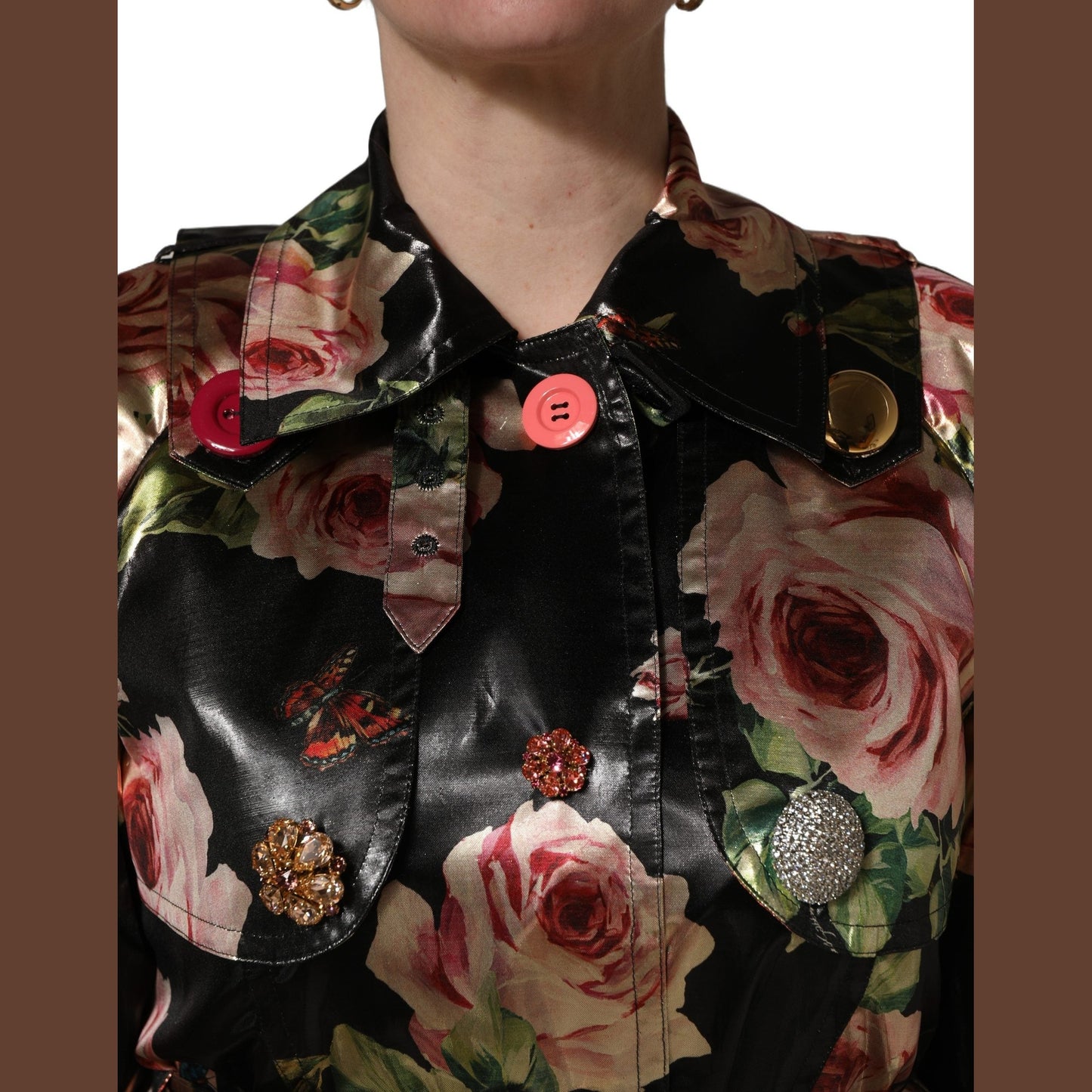Dolce & Gabbana Black Floral Belted Polyester Trench Coat Jacket