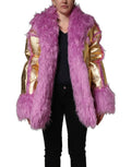 Dolce & Gabbana Pink Plush Faux Fur Gold Leather Coat Jacket