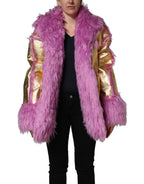 Dolce & Gabbana Pink Plush Faux Fur Gold Leather Coat Jacket