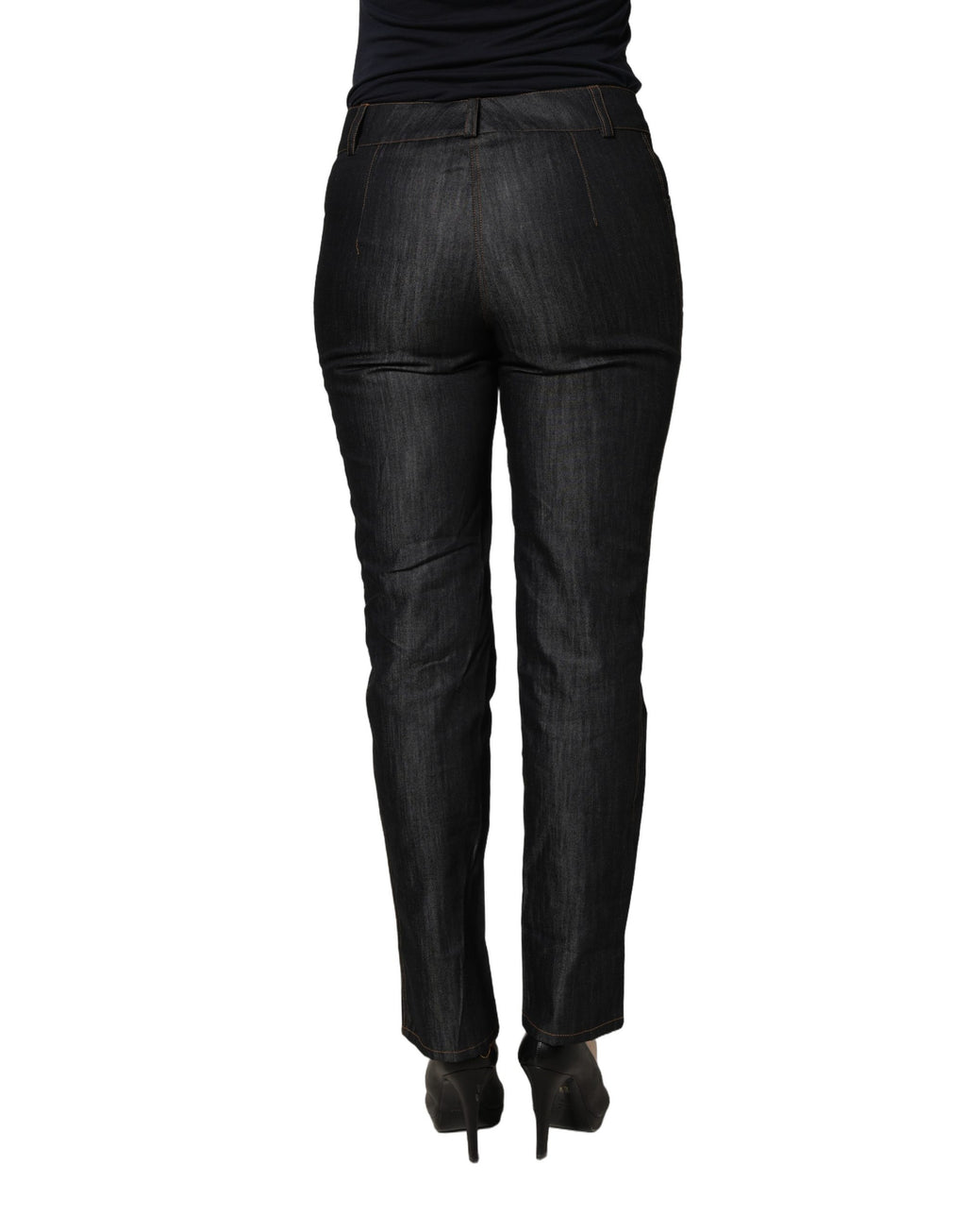 Black cotton mid-waist skinny denim jeans by BENCIVENGA, showing a close-up view of the fitted trouser style.