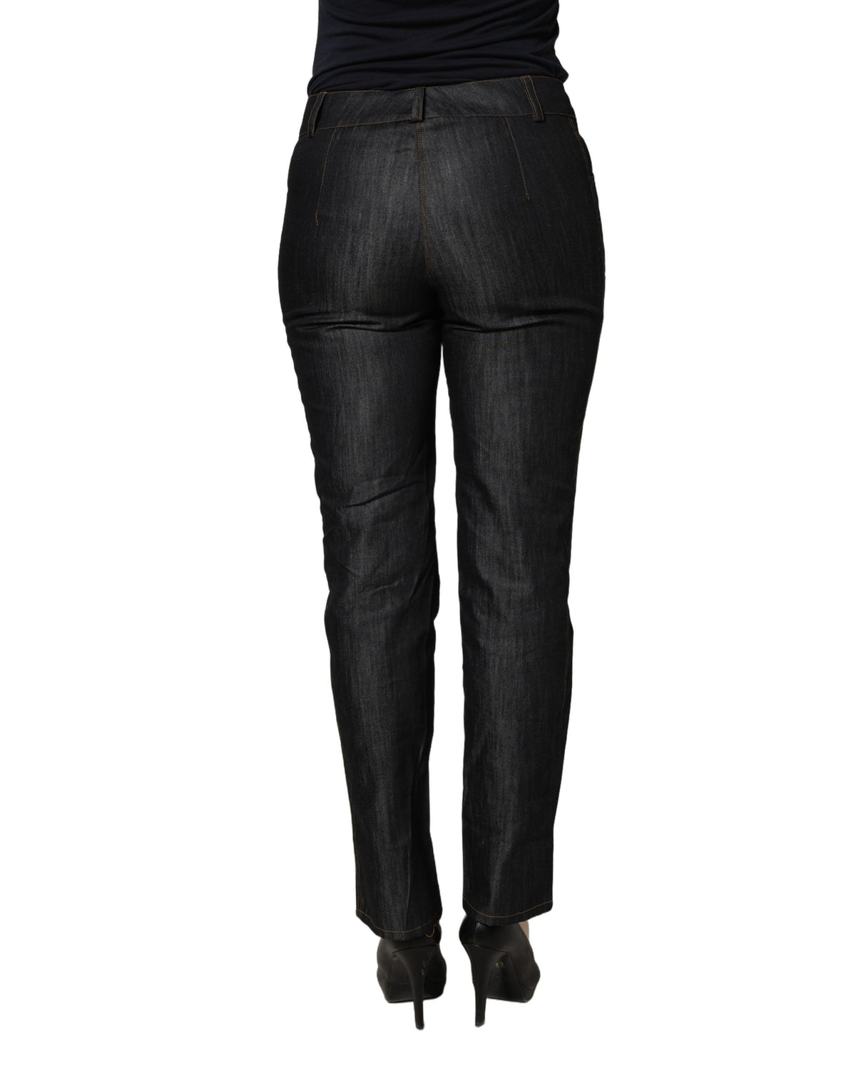 Black cotton mid-waist skinny denim jeans by BENCIVENGA, showing a close-up view of the fitted trouser style.