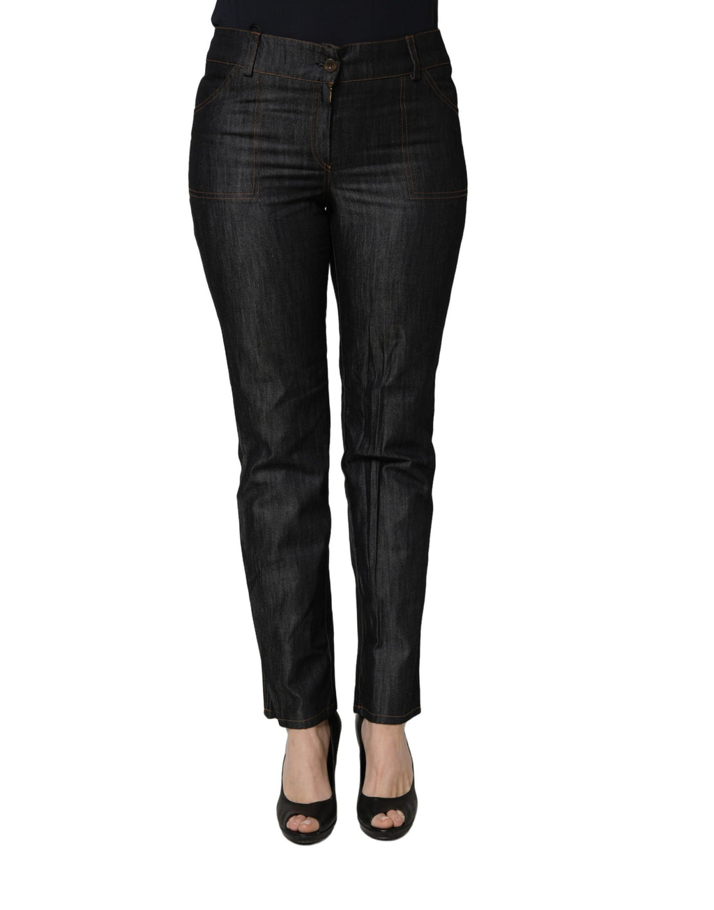 BENCIVENGA black cotton skinny denim jeans with mid-waist fit, shown on a model, featuring a classic five-pocket design.