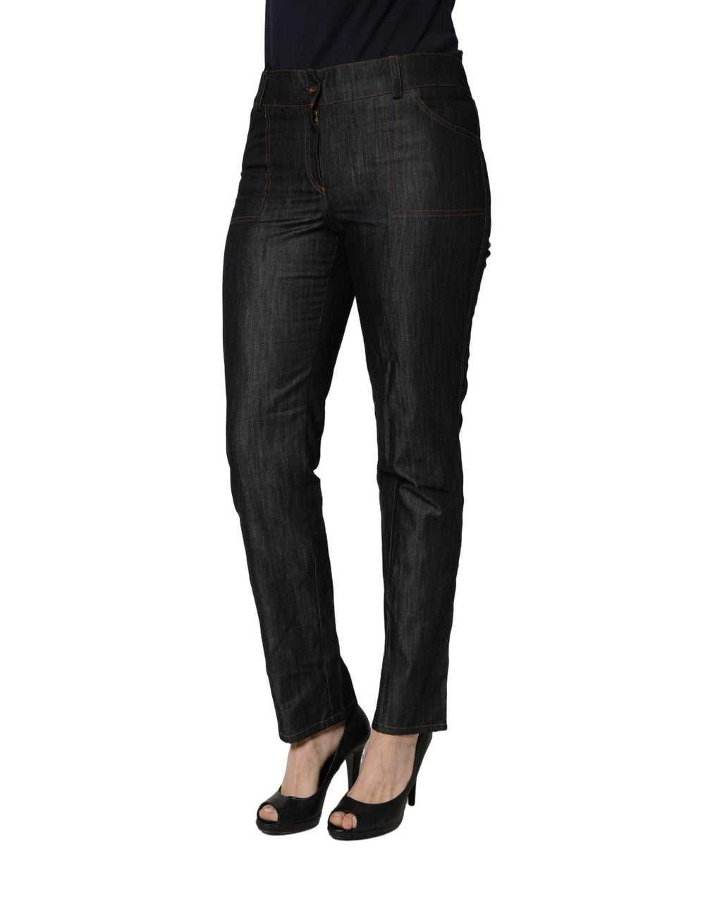 Black BENCIVENGA cotton mid-waist skinny denim jeans, close-up view showing fit and texture of the fabric.