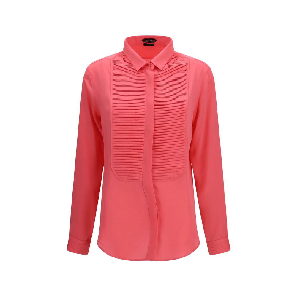Tom Ford multicolor silk dress shirt with a classic collar and button-up front, featuring vibrant, elegant silk fabric.