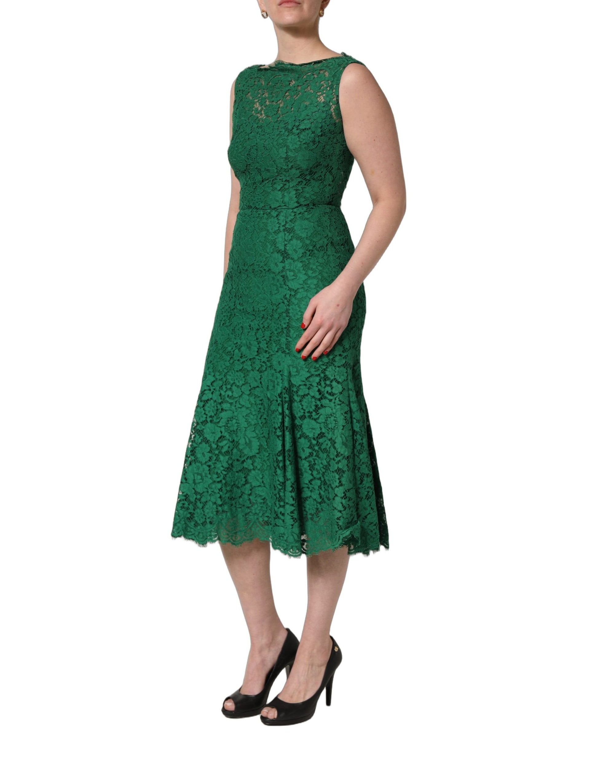 Dolce & Gabbana Green Floral Lace Cotton Sleeveless Midi Dress Dolce & Gabbana