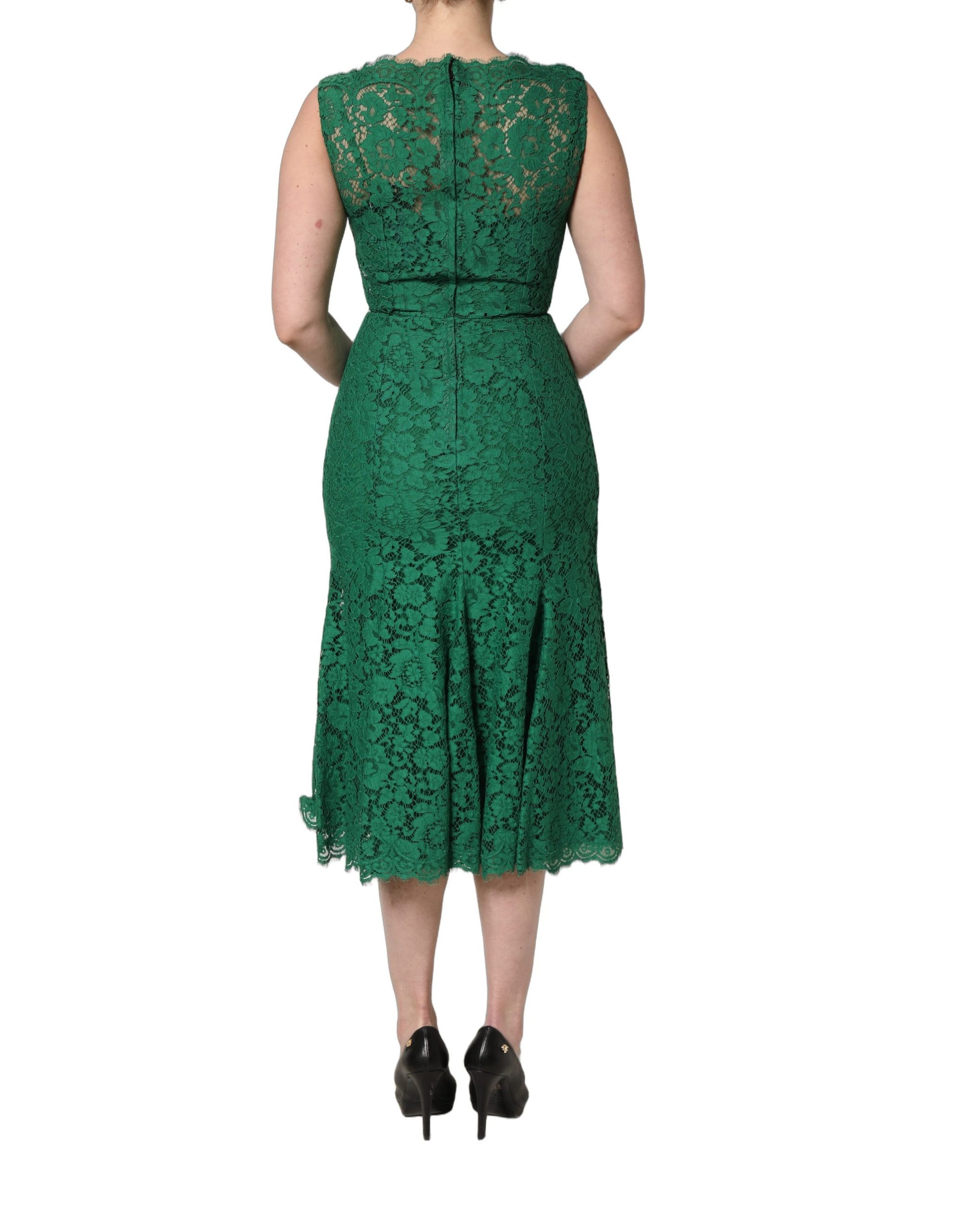 Dolce & Gabbana Green Floral Lace Cotton Sleeveless Midi Dress Dolce & Gabbana