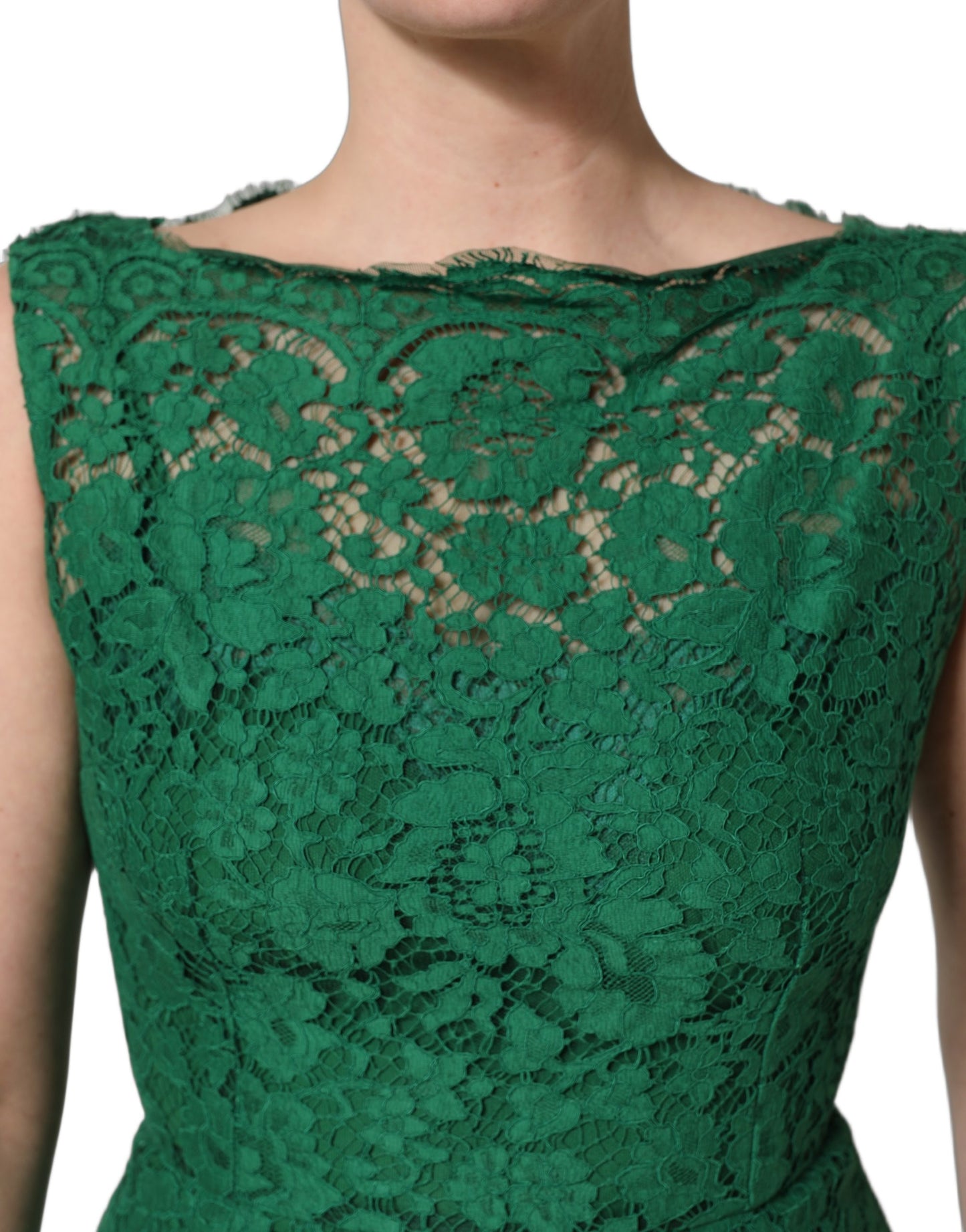 Dolce & Gabbana Green Floral Lace Cotton Sleeveless Midi Dress Dolce & Gabbana