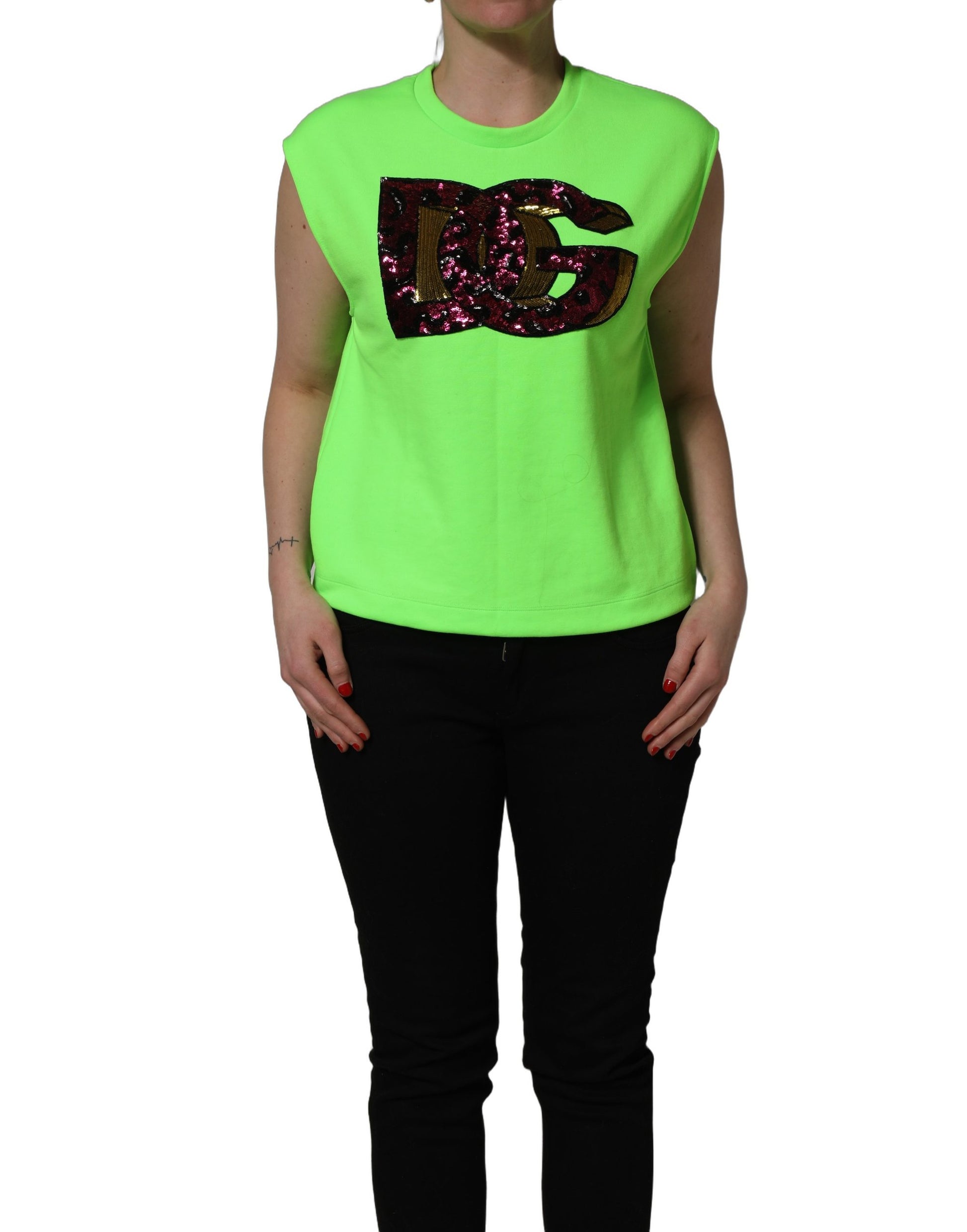 Dolce & Gabbana Neon Green DG Sequined Sleeveless Jersey Top Dolce & Gabbana