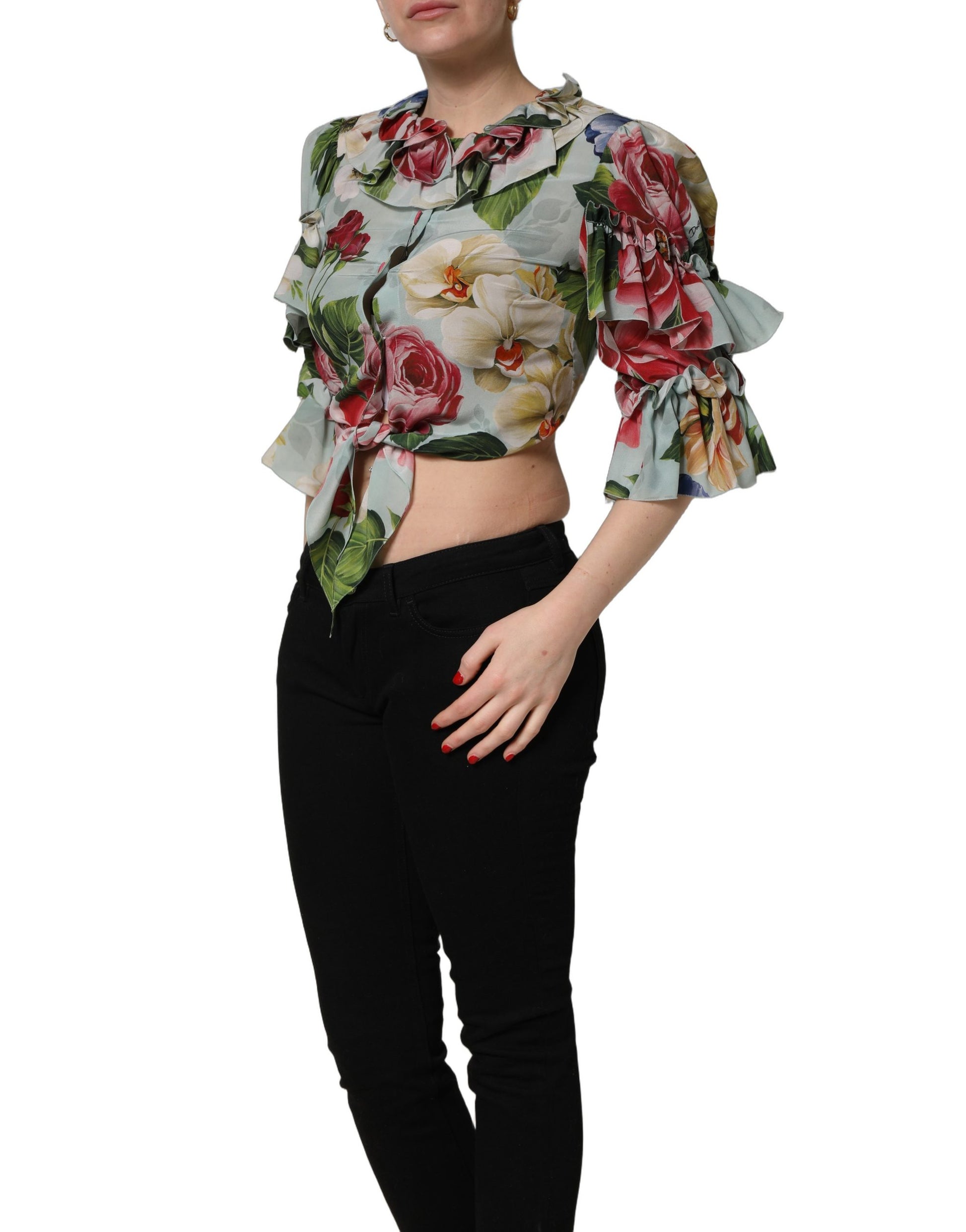 Dolce & Gabbana Multicolor Floral Silk Cropped Shirt Top Dolce & Gabbana