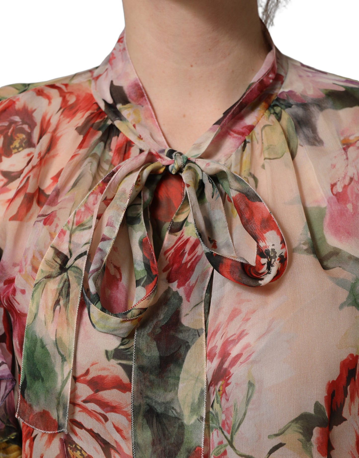 Dolce & Gabbana Multicolor Floral Tie-Neck Silk Chiffon Blouse Top Dolce & Gabbana
