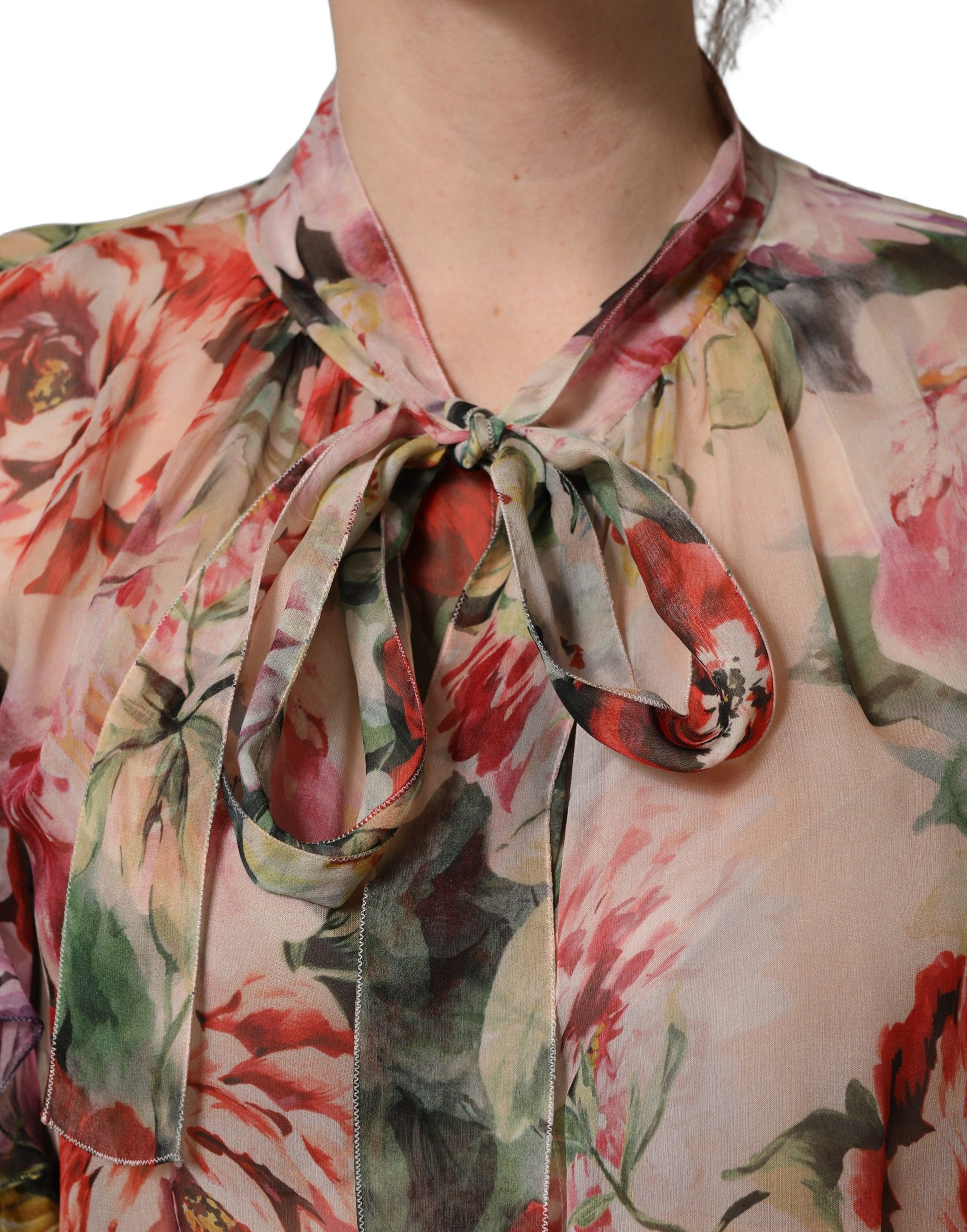 Dolce & Gabbana Multicolor Floral Tie-Neck Silk Chiffon Blouse Top Dolce & Gabbana