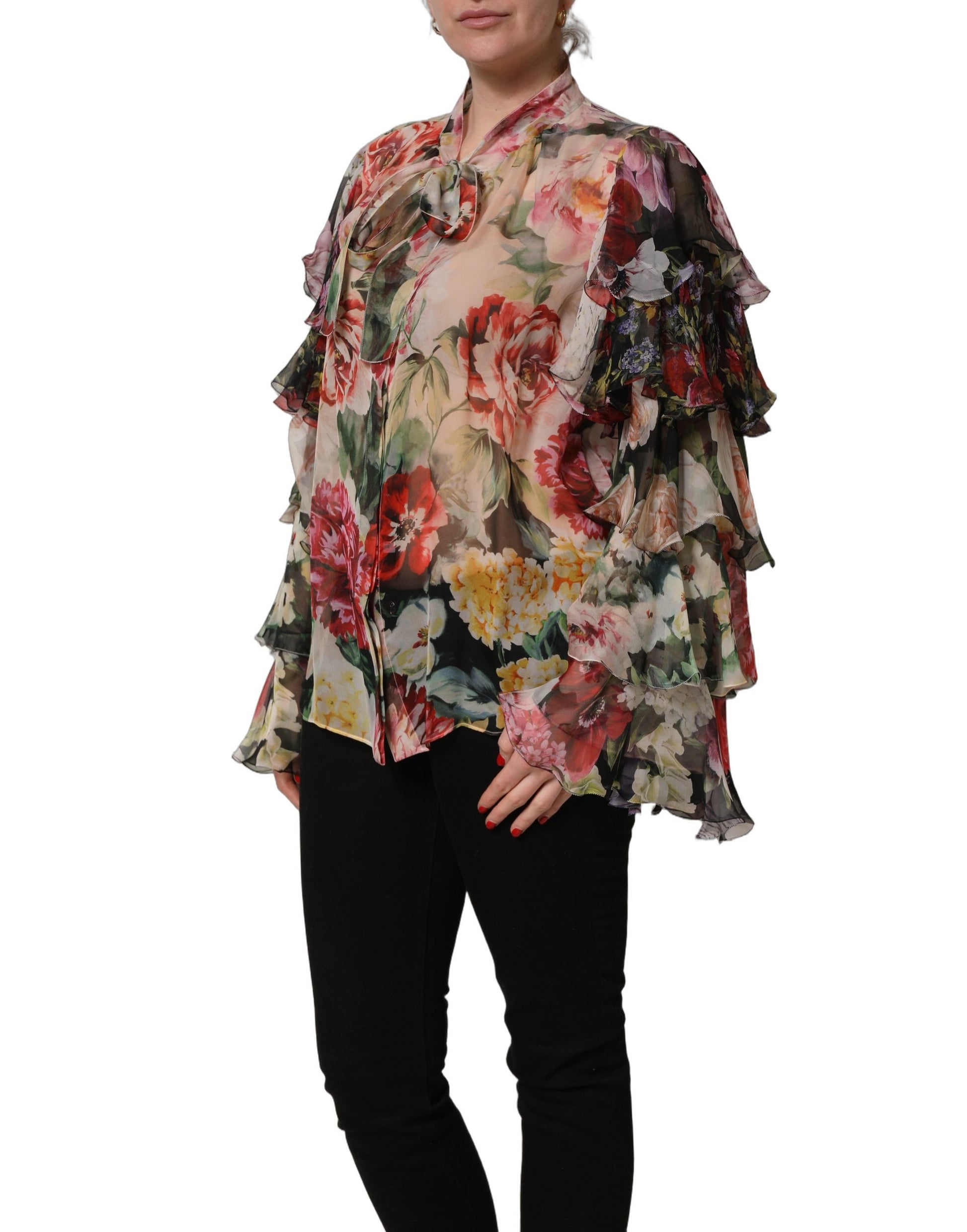 Dolce & Gabbana Multicolor Floral Tie-Neck Silk Chiffon Blouse Top Dolce & Gabbana