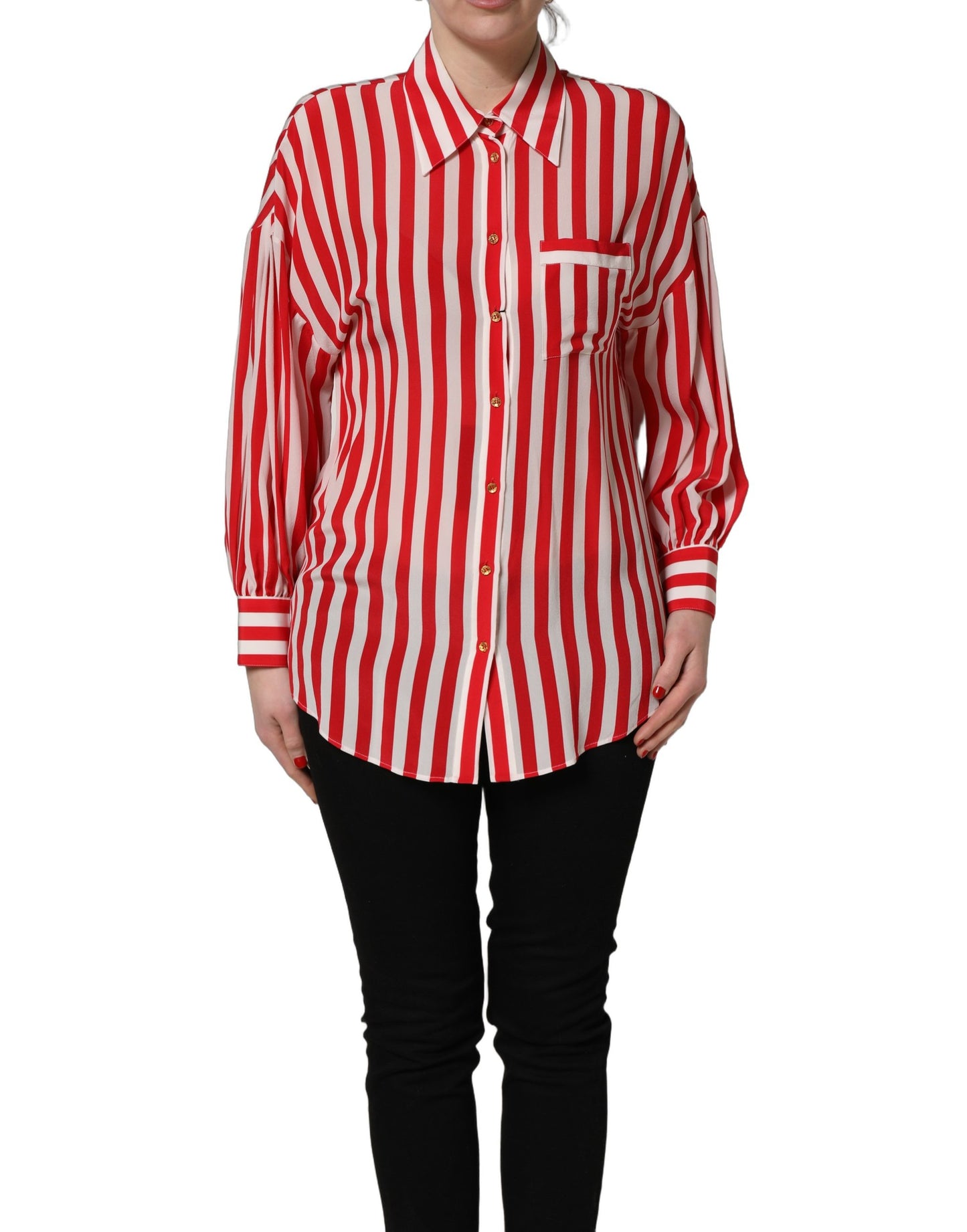 Dolce & Gabbana Red White Striped Long Sleeve Silk Blouse Top Dolce & Gabbana