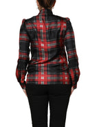 Dolce & Gabbana Red Black Plaid Silk Tie-Neck Blouse Top