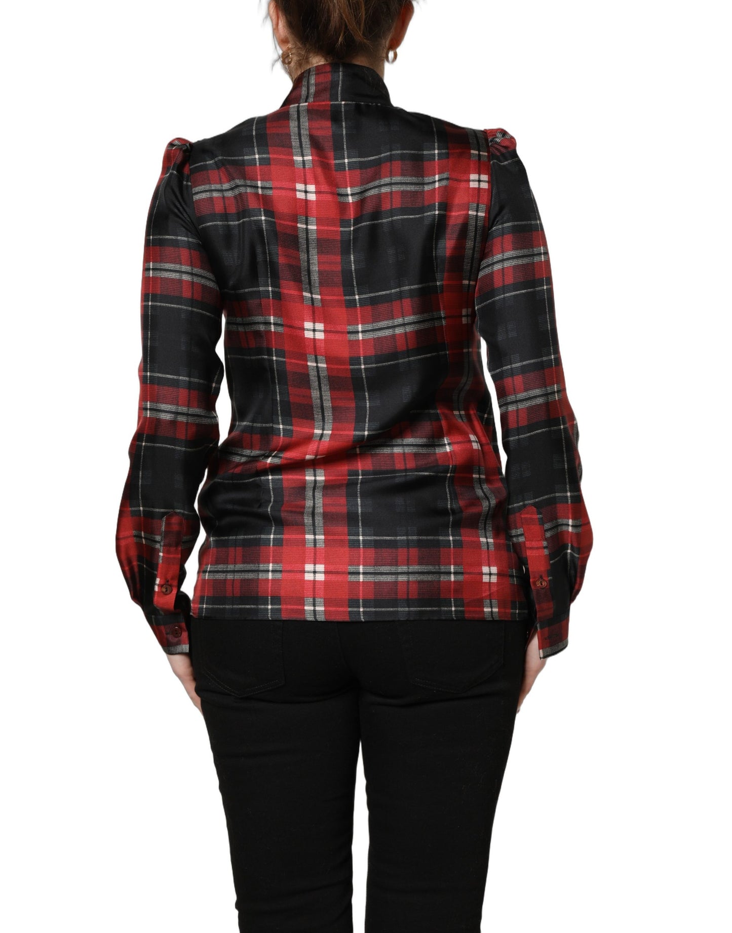 Dolce & Gabbana Red Black Plaid Silk Tie-Neck Blouse Top Dolce & Gabbana
