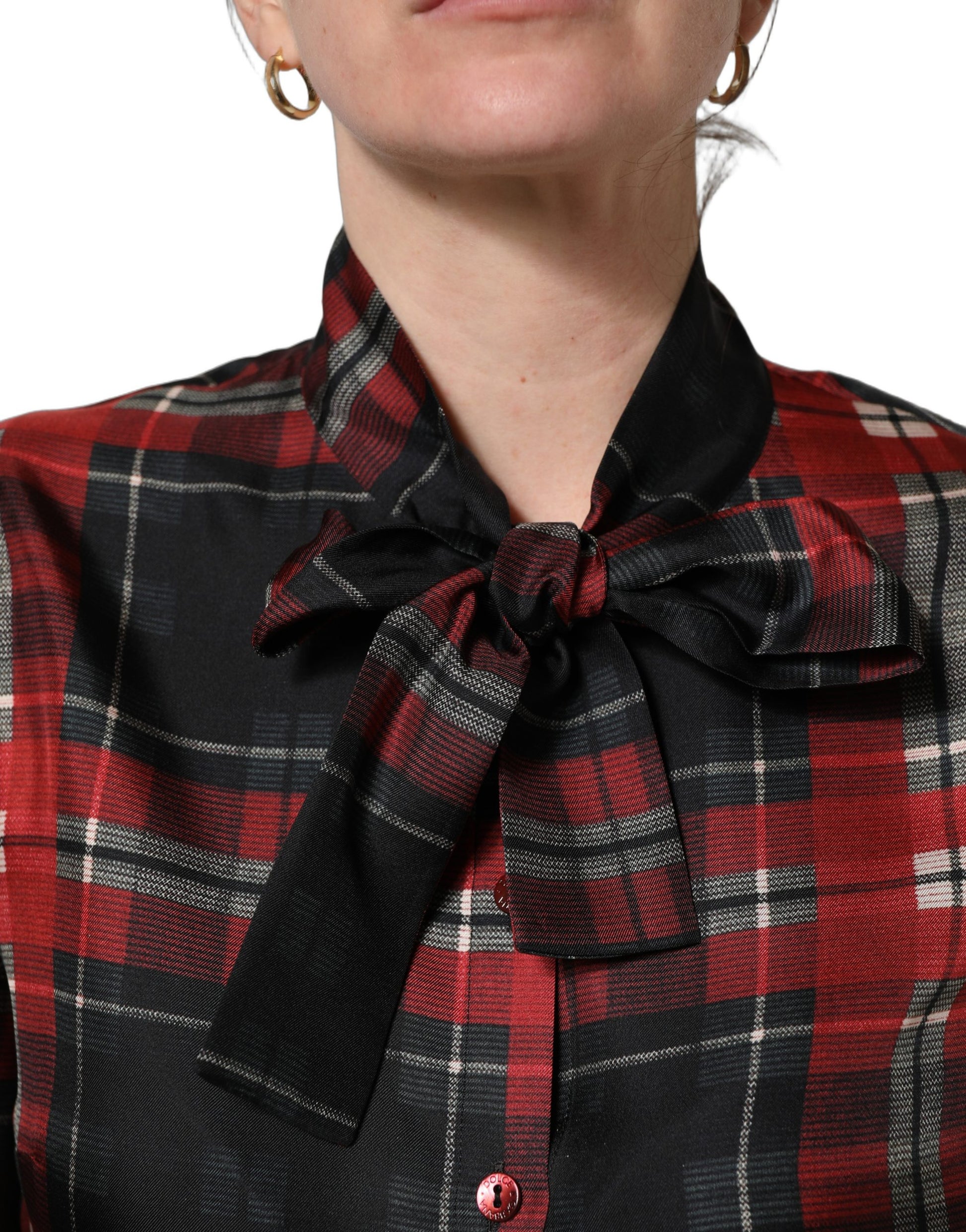 Dolce & Gabbana Red Black Plaid Silk Tie-Neck Blouse Top Dolce & Gabbana
