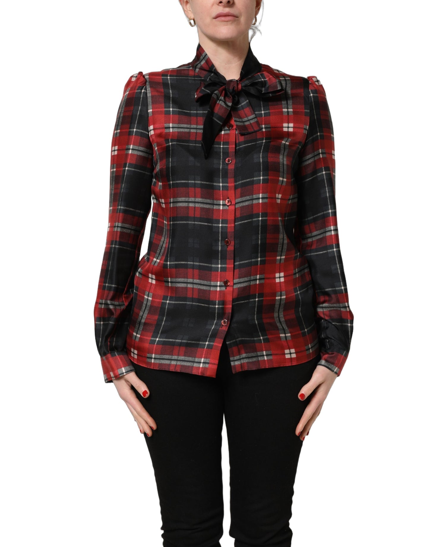 Dolce & Gabbana Red Black Plaid Silk Tie-Neck Blouse Top Dolce & Gabbana
