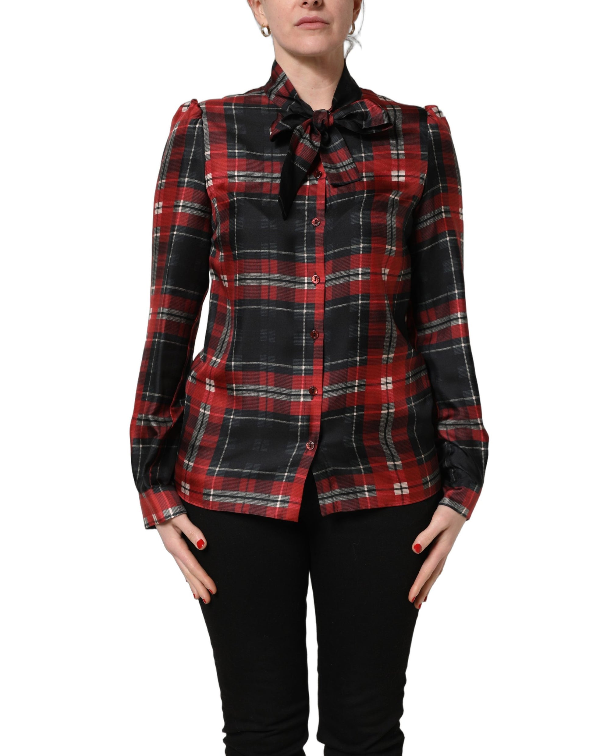 Dolce & Gabbana Red Black Plaid Silk Tie-Neck Blouse Top Dolce & Gabbana