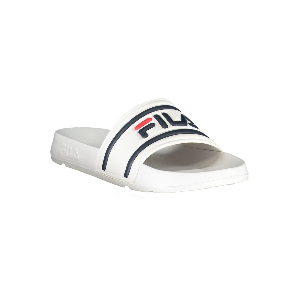 Fila white polyurethane men's slipper shown on a plain background, featuring a comfortable slip-on design and cushioned sole.
