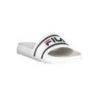 Fila white polyurethane men's slipper shown on a plain background, featuring a comfortable slip-on design and cushioned sole.