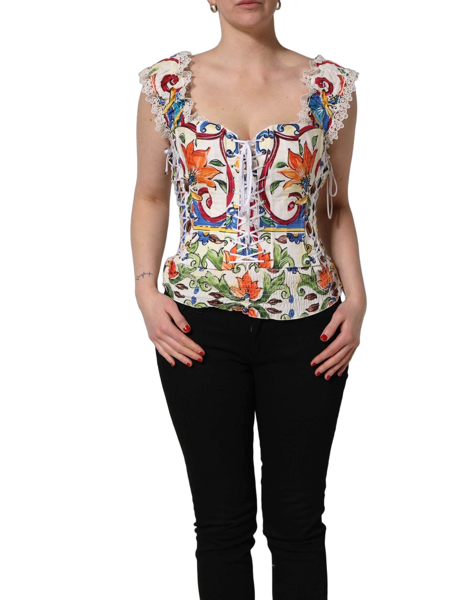 Dolce & Gabbana Multicolor Majolica Corset Sleeveless Top Dolce & Gabbana