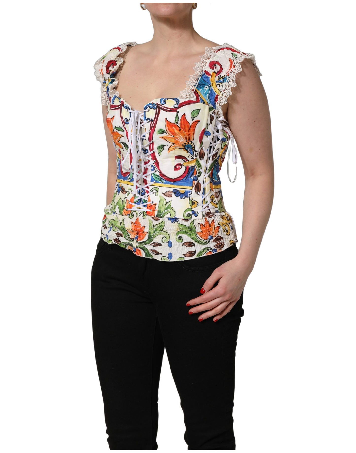 Dolce & Gabbana Multicolor Majolica Corset Sleeveless Top Dolce & Gabbana