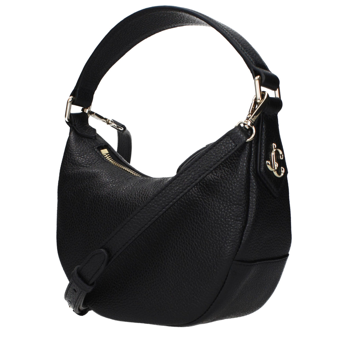 Jimmy Choo black leather handbag with sleek design and silver hardware, showcasing a spacious interior and elegant style.