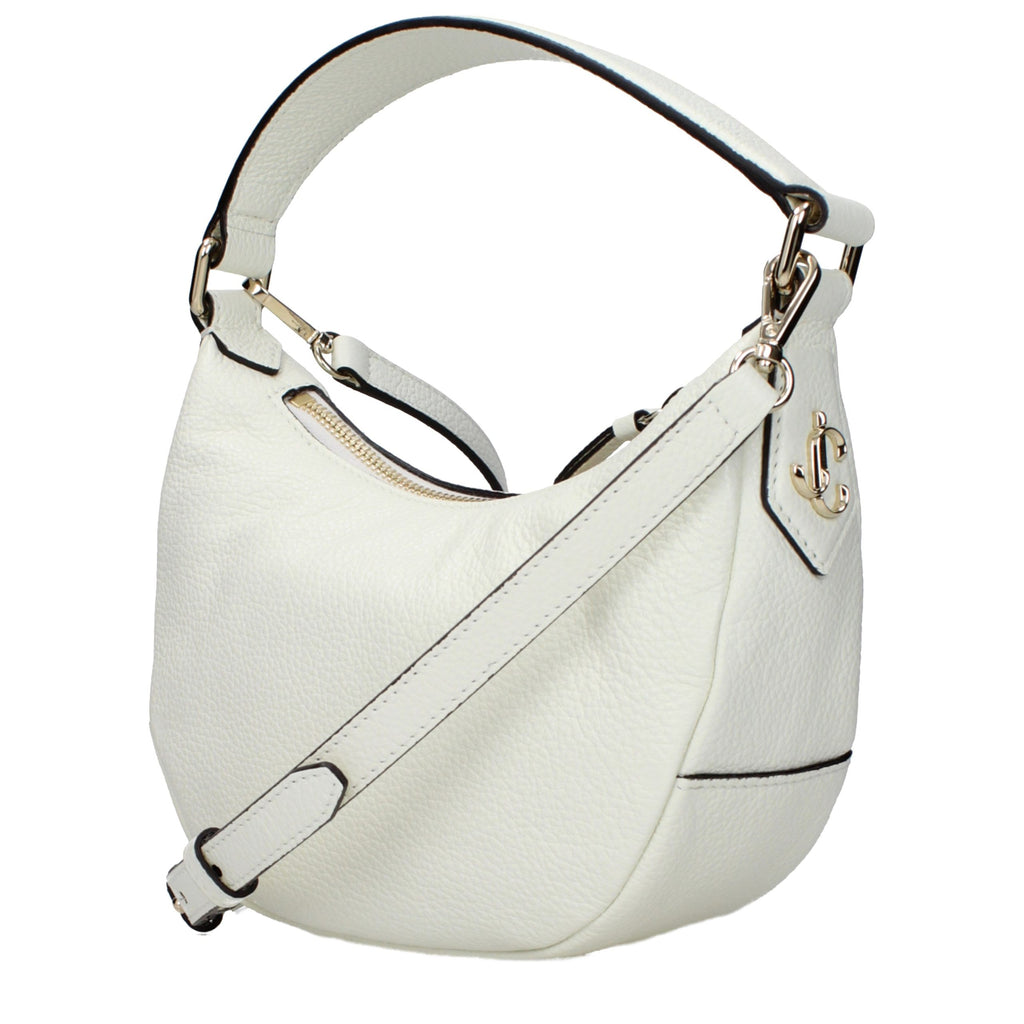 Jimmy Choo beige leather handbag with sleek design and gold-tone hardware, showcasing elegant craftsmanship and spacious interior.