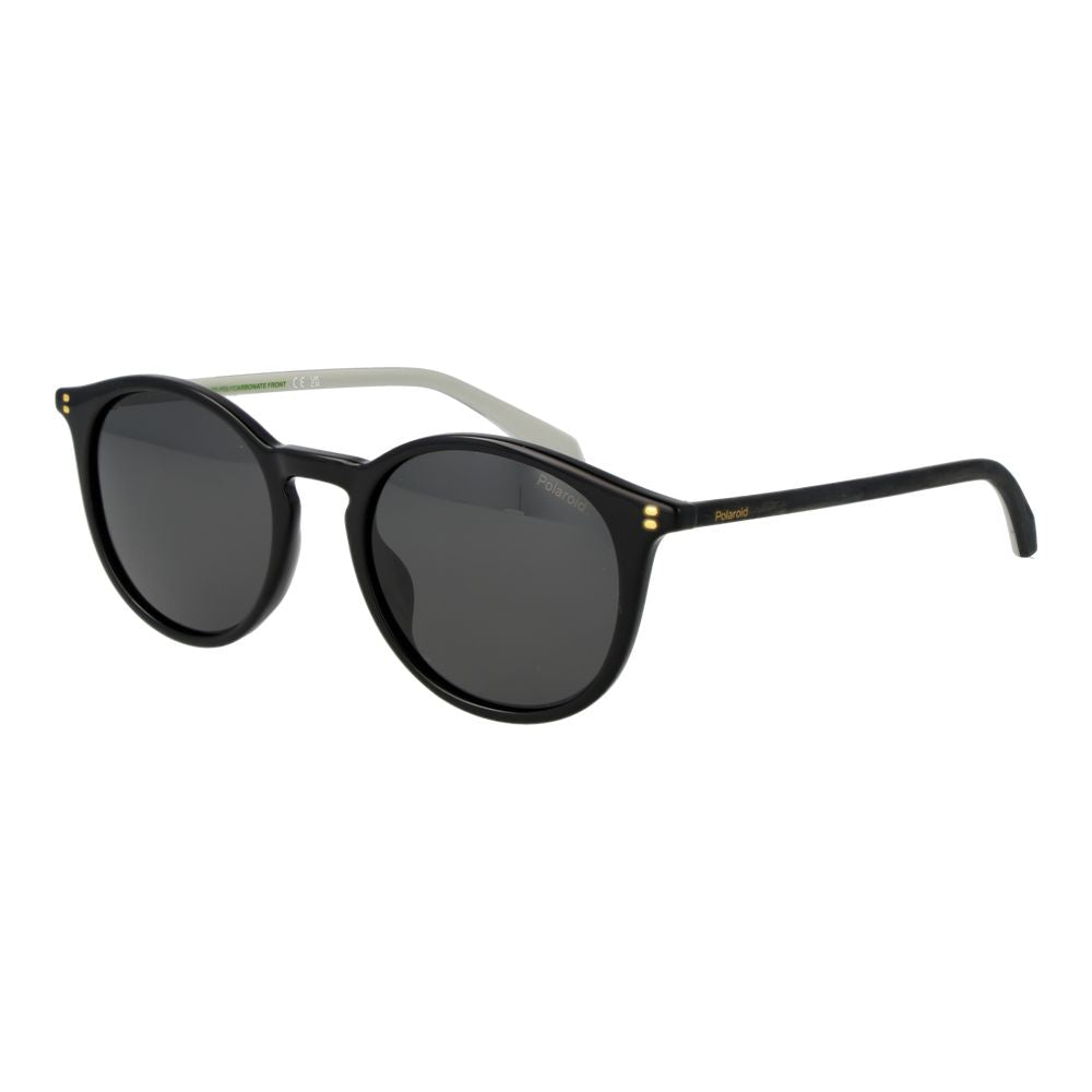 Polaroid black polycarbonate sunglasses with sleek frame and tinted lenses, stylish eyewear for sun protection.