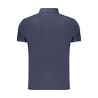 Calvin Klein men's blue cotton polo shirt with a classic collar and short sleeves, displayed flat against a white background.