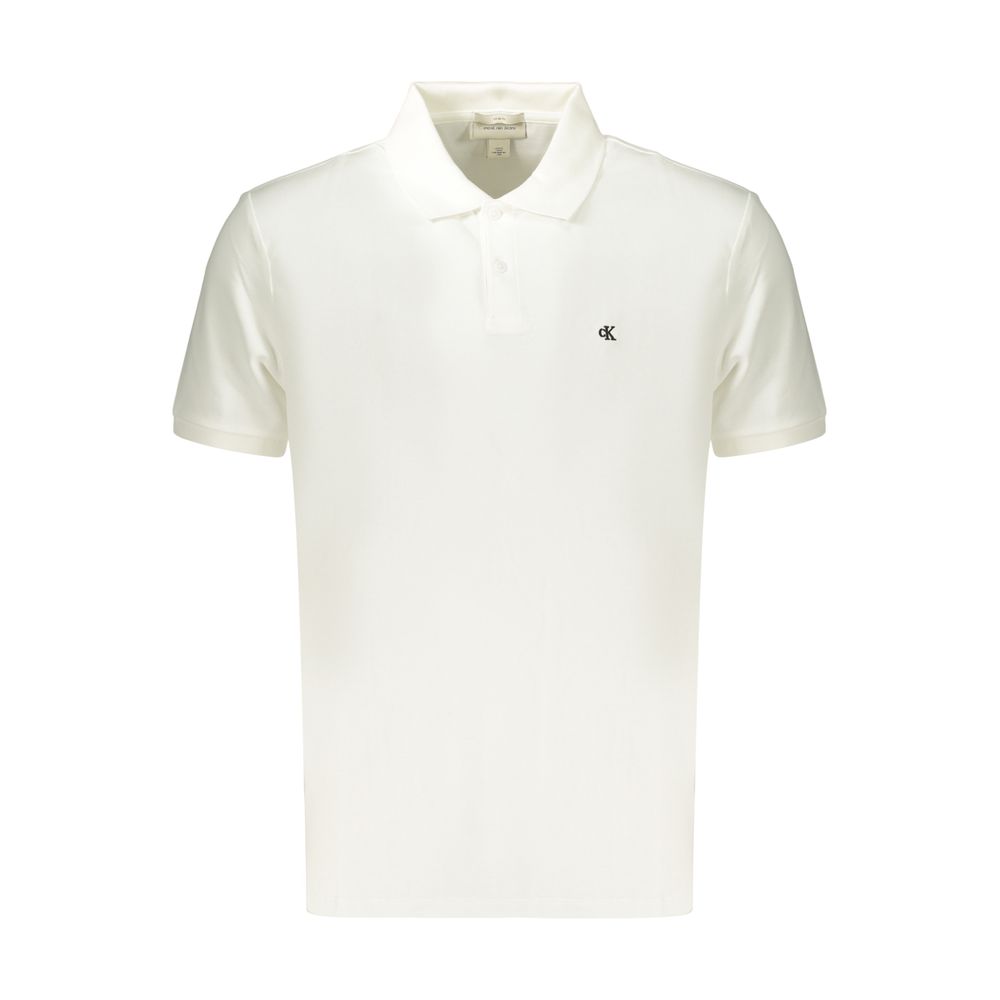 White cotton men's polo shirt by Calvin Klein with a classic collar and short sleeves, displayed on a plain background.
