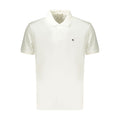 White cotton men's polo shirt by Calvin Klein with a classic collar and short sleeves, displayed on a plain background.