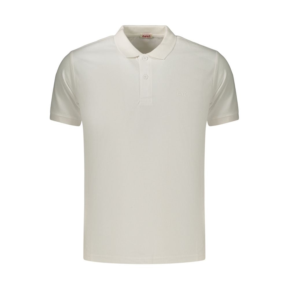 Rifle white cotton men's polo shirt with a classic collar and short sleeves, displayed on a hanger.