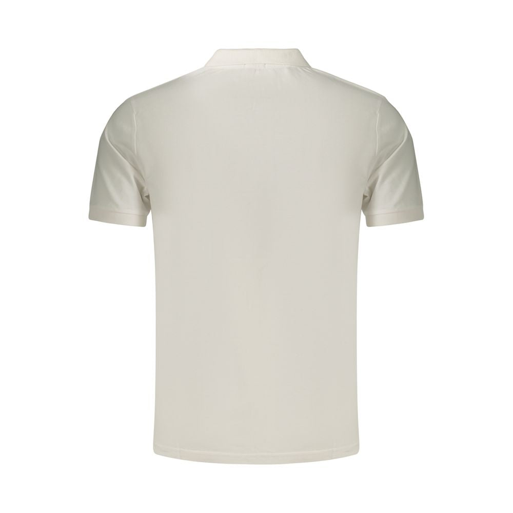 White cotton men's polo shirt by Rifle featuring a classic fit and collar, displayed on a hanger with a plain background.