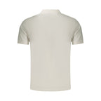White cotton men's polo shirt by Rifle featuring a classic fit and collar, displayed on a hanger with a plain background.