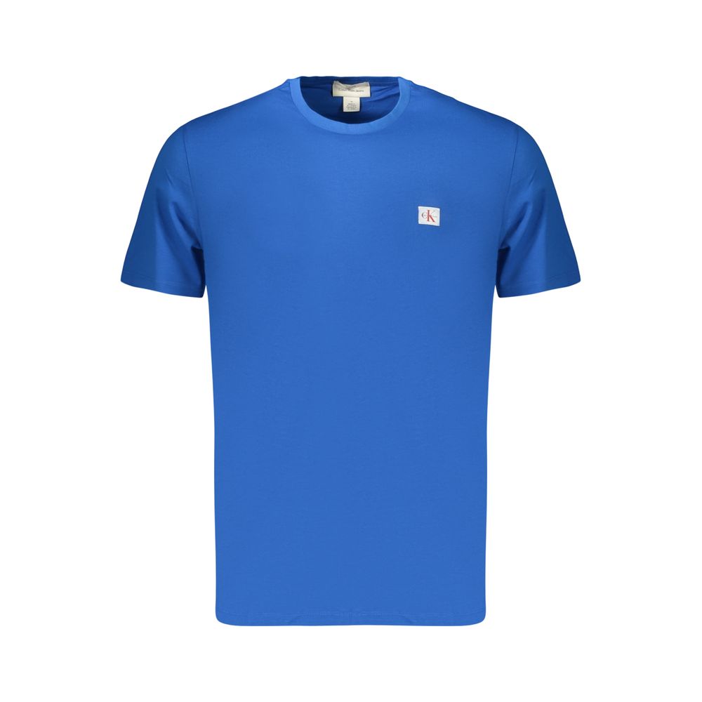 Calvin Klein blue cotton men's T-shirt with round neckline and short sleeves, casual fit, front view.
