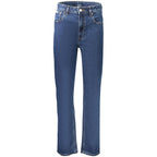 Calvin Klein blue cotton women's jeans, slim fit with classic five-pocket design, displayed on a neutral background.