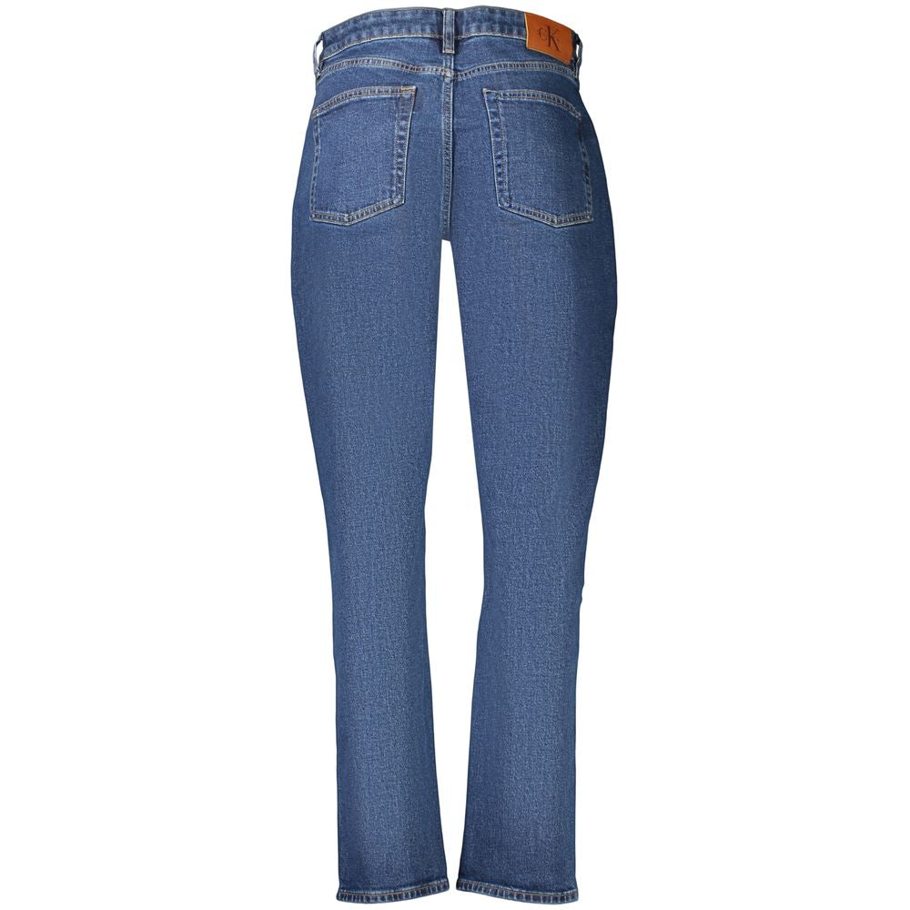 Calvin Klein blue cotton women's jeans showing a close-up of the denim fabric and classic five-pocket design.