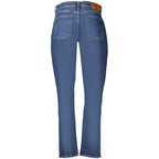 Calvin Klein blue cotton women's jeans showing a close-up of the denim fabric and classic five-pocket design.